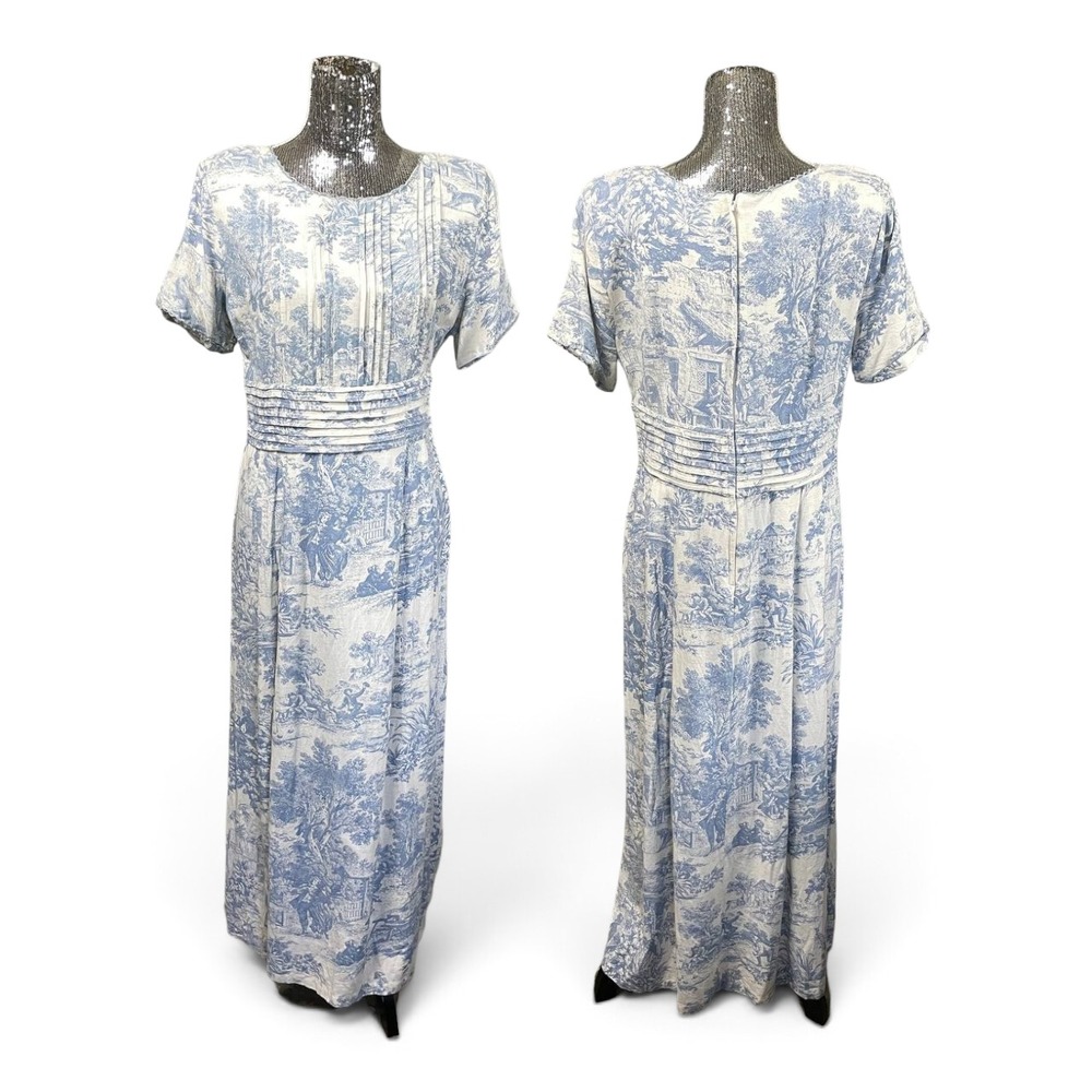 Sarah Elizabeth Vintage Blue White Toile Maxi Dress Size 12 Cottagecore